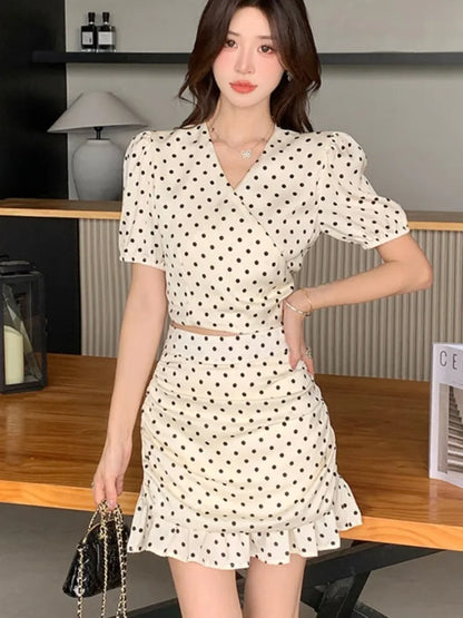 New Summer Two-piece Skirt Set Women Elegant Polka Dot V-neck Cropped Top Bodycon Short Skirt Y2K Sexy Korean Fashion Outfits