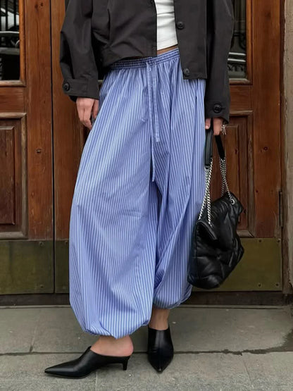 Streetwear Blue Striped Print Casual Pants Elastic Low Rise Loose Trousers y2k Aesthetic Korean Style Hippie Trousers