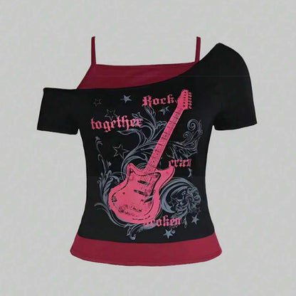 Y2k Slim Fit Print Tops Off Shoulder Short Sleeve Tee Shirt Neploe American Vintage Fake Two Piece Halter Lace Up T-shirts