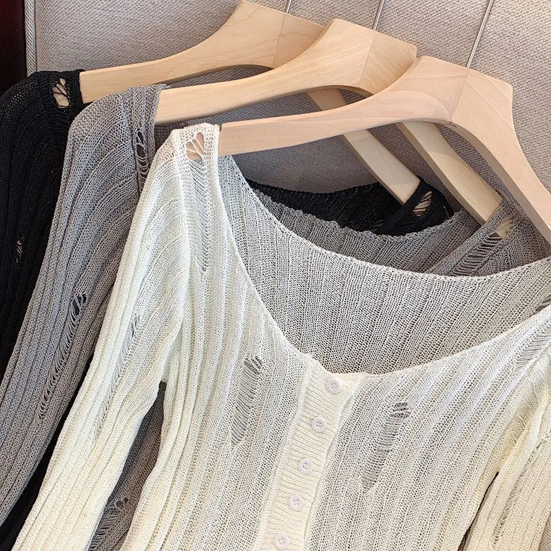 Hollow Out Knitted Cardigan Y2K Korean Streetwear Hole Long Sleeve Sweaters Thin Irregular FeTops