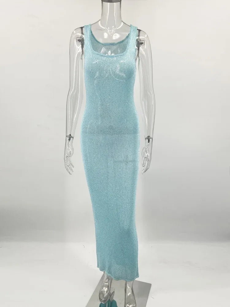 Sequin Slim Maxi Dress Female Backless Glitter See-Through Sexy Patchwork Autumn Women’s Long Club Party Dresses Vestido