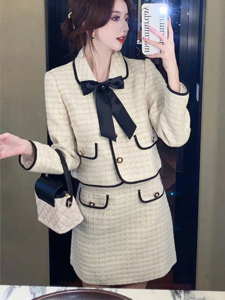 French Vintage Two-piece Skirt Set Women Autumn New Suit Single Breasted Crop Coat Bow Mini Skirt Korean Fashion Chic Outfits