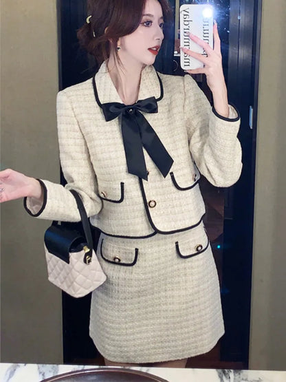 French Vintage Two-piece Skirt Set Women Autumn New Suit Single Breasted Crop Coat Bow Mini Skirt Korean Fashion Chic Outfits