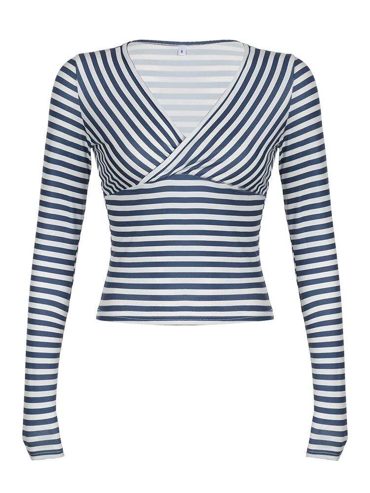 Cross V Neck Blue White Stripe Y2K Tee Skinny Basic Long Sleeve Spring Autumn T Shirt Women