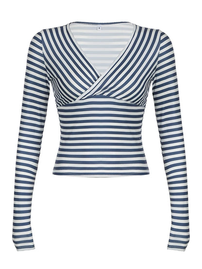 Cross V Neck Blue White Stripe Y2K Tee Skinny Basic Long Sleeve Spring Autumn T Shirt Women