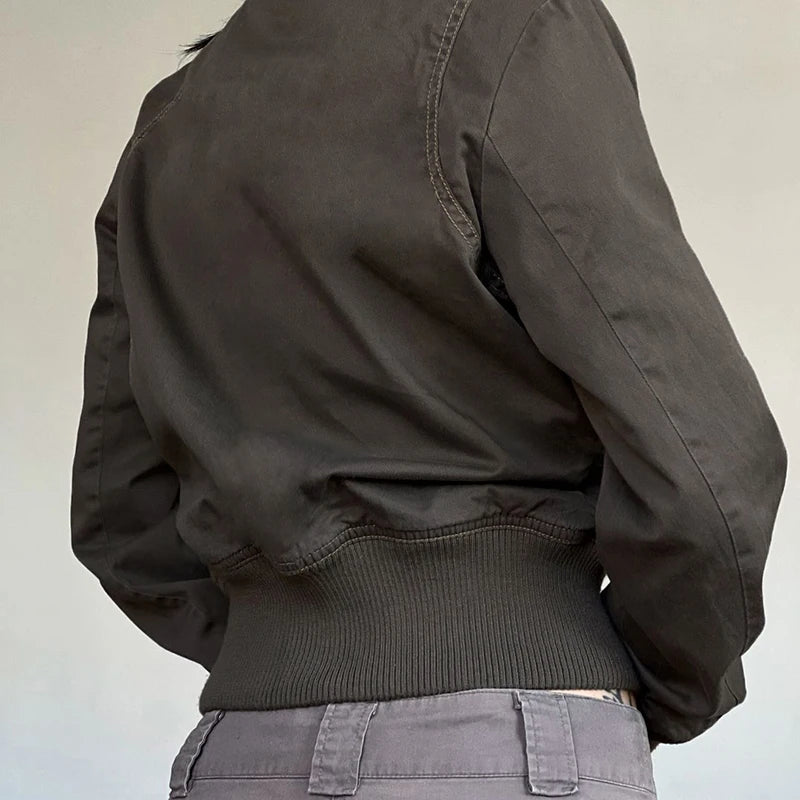 Fashion Y2K Women Cargo Jacket with Zipper Vintage Autumn Casual Stitch Detail Lady Pockets Coat Street Outfits