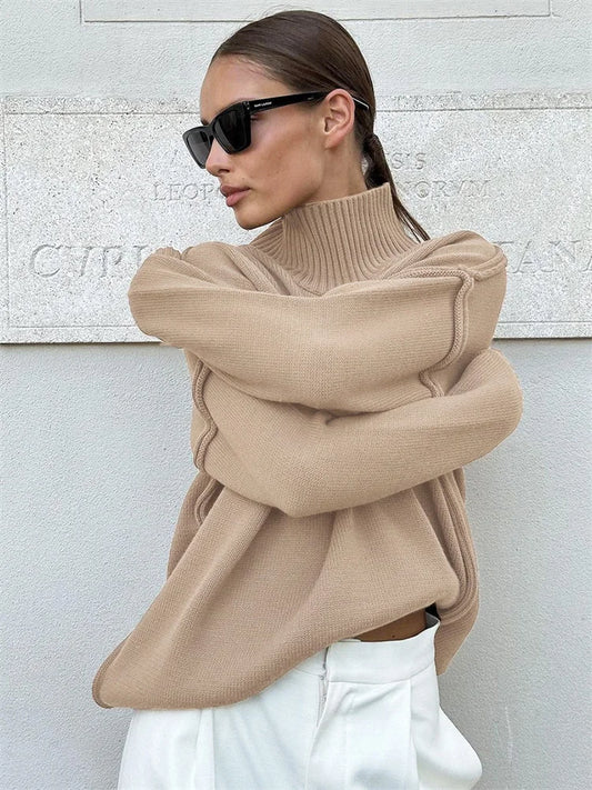 Winter Knit Turtleneck Pullover Female Clothes Loose Casual Ribbed Patchwork Long Sleeve Oversized Sweater Women Knitwear