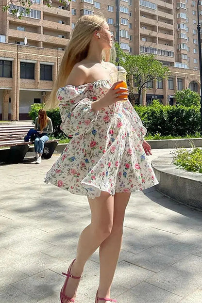 Floral Lantern Sleeve Mini Dress