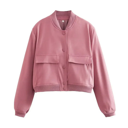 Basic Stand Collar Women Jacket Long Sleeve Cardigan Button Up Cropped Coat Baseball Outerwear Autumn Winter Clothes