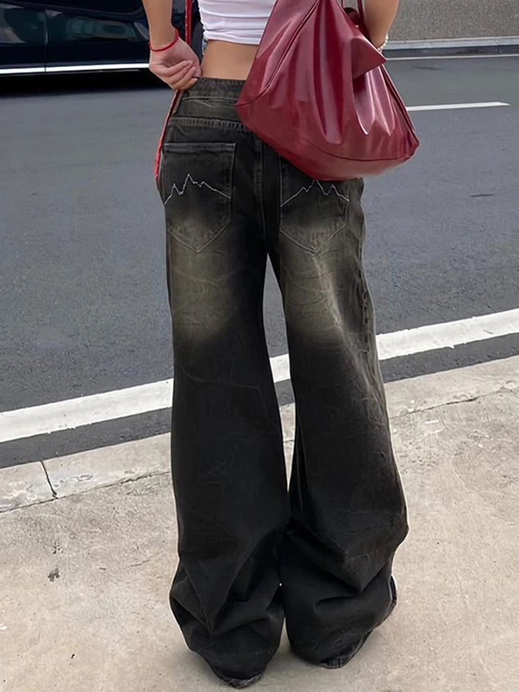 American Retro Casual Straight Leg Jeans Woman Vintage Street Style Distressed Denim Pants