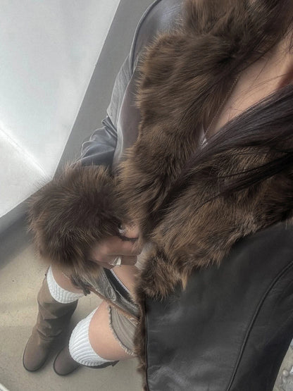 s Autumn New Clothes Women¡¯s Leather Coat Long Sleeve Spliced Faux Trim Button Slim Fit Chic Coat