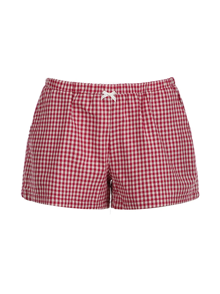 Christmas Preppy Y2K Red Plaid Elastic Waist Shorts Women Casual Loose Sweet Cute Summer Vacation Outfits