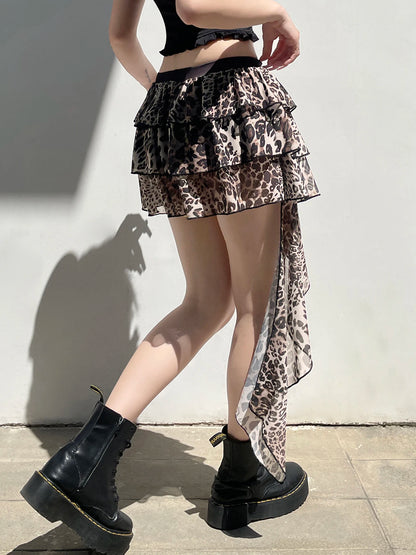 Hotsweet Irregular Tiered Cake Skirt Women Y2k Chic Leopard Print Gyaru Design Mini Skirt s New