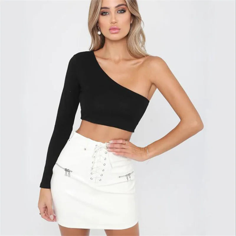 Y2K New European and American Solid Color Diagonal Neck Single Long sleeved Top Trendy Popular