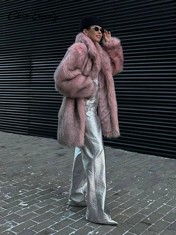 Winter Faux Fur Long Coat For Women Fashion Full Sleeve Fur Collar Oversize Female Jacket  New Elegant Thick Warm Outwear