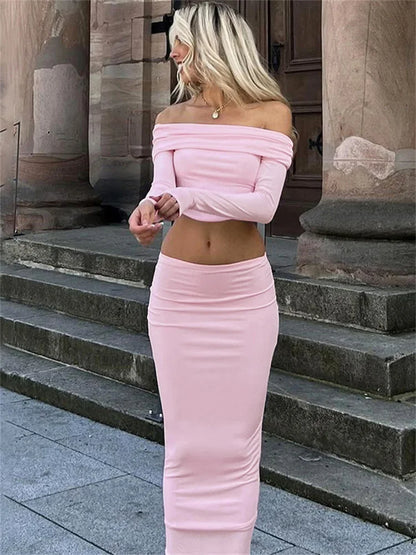 Casual Off-Shoulder 2 Piece-Set Maxi Skirt For Women Patchwork Long Sleeve Pullover Top And Long Skirt Sets Female Outfits