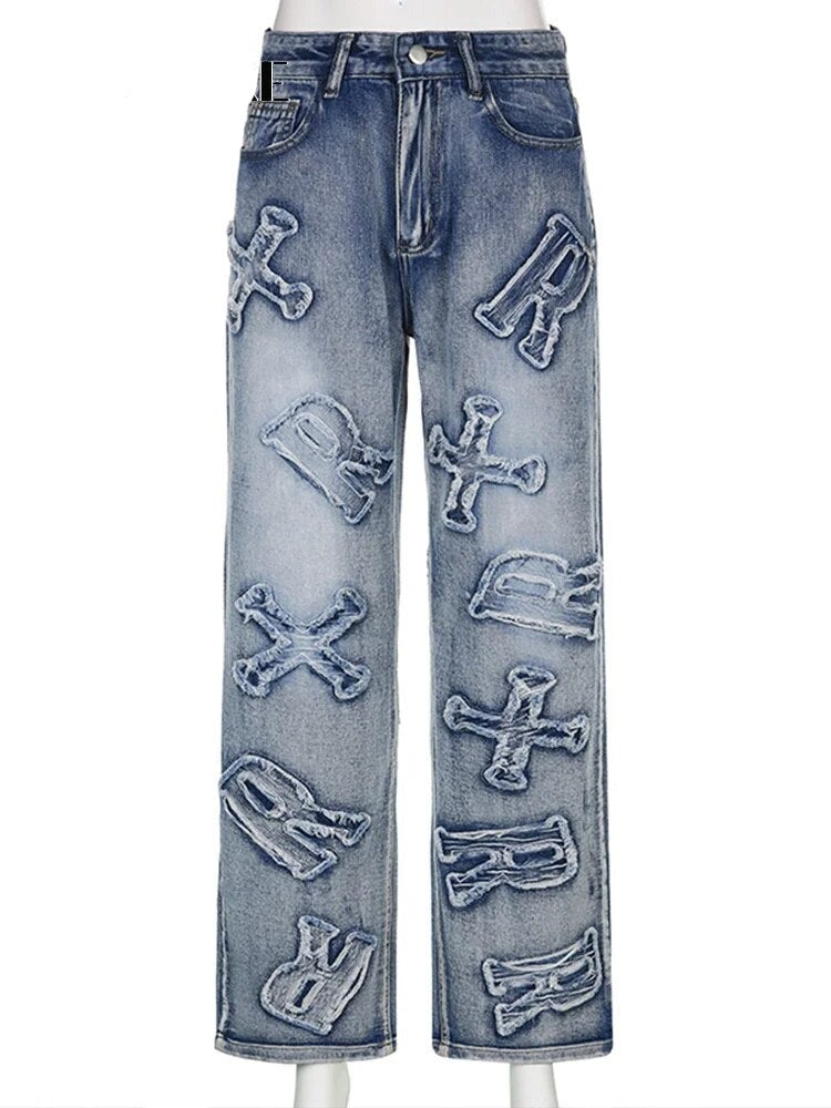 Women's Stylish Baggy Jeans with Patchwork Letter Design | Ideal for All Seasons