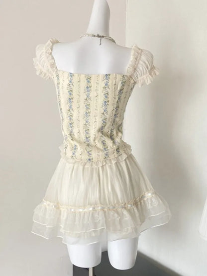 Y2K Two-piece Skirt Set Off Shoulder Square Collar Lace-up Cropped Top A-line Mini Skirt Sweet Summer New Slim Princess Outfits