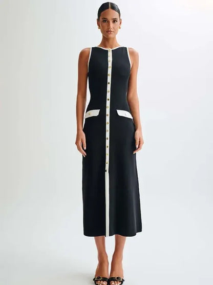 Elegant Knit Ribbed Long Dress For Women Slim Fashion Sleeveless Patchwork High Waist Pocket Dress Women’s Maxi Dress