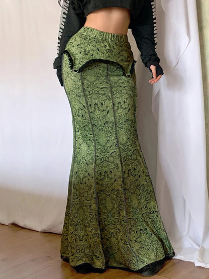 Forest Green Print Aesthetic Vacation Long Skirts Womens Vintage Lace Trim Mermaid Skirt