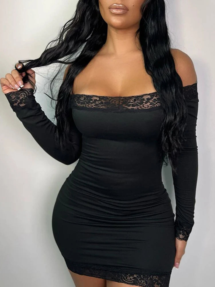 Solid Slim Lace Trim Off Shoulder Long Sleeve Black Short Dress Women Elegant Sexy Party Dresses