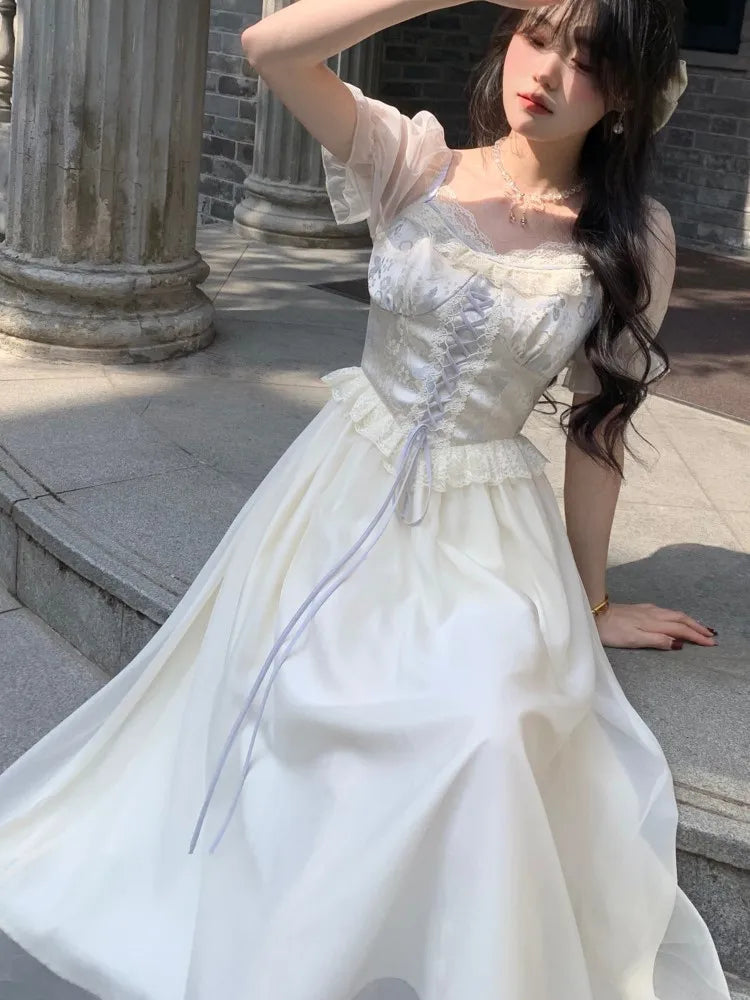 Elegant Princess Birthday Party Dress Puff Sleeve Lace-up A-line Midi Dresses for Women Square Collar Prom Robe Vestidos Mujer