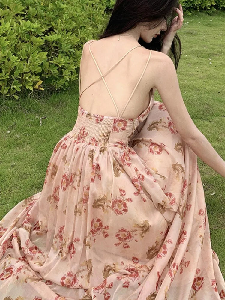 Summer New Spaghetti Strap Floral Long Dresses for Women Backless A-line Beach Style Korean Fashion Party Dress Casual Vestidos