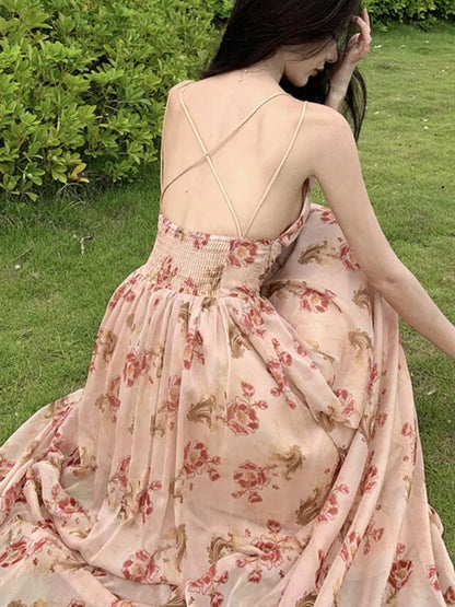 Summer New Spaghetti Strap Floral Long Dresses for Women Backless A-line Beach Style Korean Fashion Party Dress Casual Vestidos