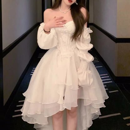 Elegant Evening Party Dresses Women Puff Sleeve Off Shoulder Lace-up Wedding Prom Robe Ball Gown A-line Y2K Midi Vestidos New