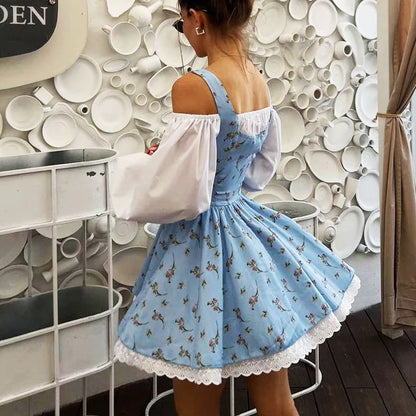 Puff Sleeve Suspender Dress Women Fake Two Pieces Flower Strapless Ruffles Splice Long Sleeve Lace Up Party Dress Summer
