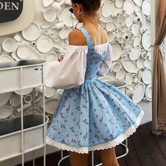 Puff Sleeve Suspender Dress Women Fake Two Pieces Flower Strapless Ruffles Splice Long Sleeve Lace Up Party Dress Summer