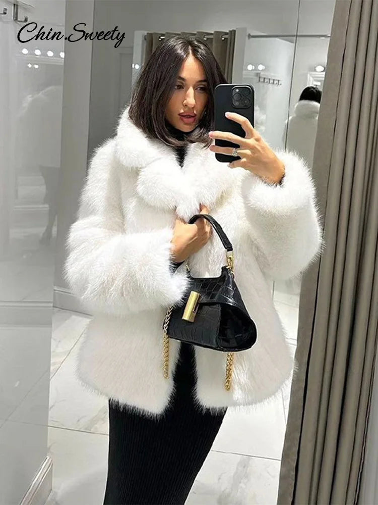 Fluffy Faux Fur Coat Women Elegant Loose Lapel Plush Long Sleeve Buckle Thick Jacket  Autumn Winter Solid Warm Overcoat New