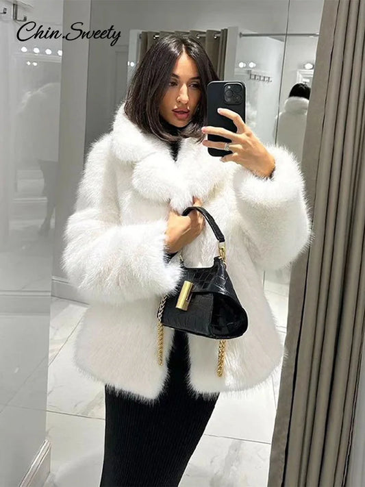 Fluffy Faux Fur Coat Women Elegant Loose Lapel Plush Long Sleeve Buckle Thick Jacket  Autumn Winter Solid Warm Overcoat New