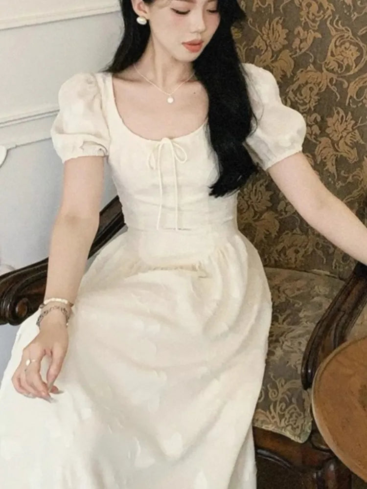 Elegant Midi Dresses for Women Summer New Puff Sleeve Square Collar A-line Casual Birthday Party Dress Korean One Piece Vestido