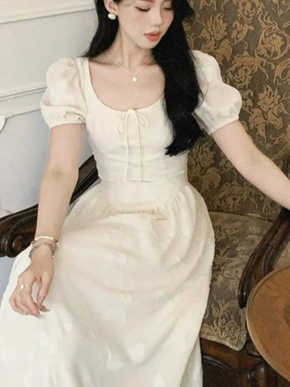Elegant Midi Dresses for Women Summer New Puff Sleeve Square Collar A-line Casual Birthday Party Dress Korean One Piece Vestido