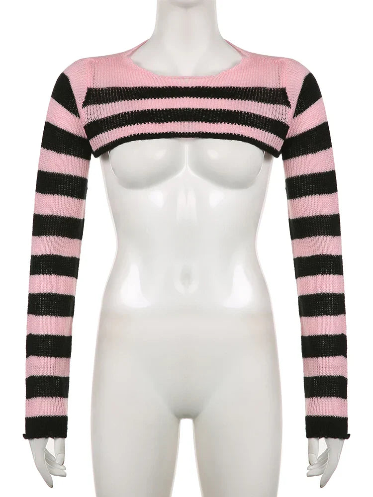 Voguable  Pink Contrast-paneled Crop Smock Top Y2K Aesthetic Cute Knitted Long Sleeve Pullover for Sweater Vintage Clothes