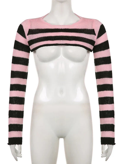 Voguable  Pink Contrast-paneled Crop Smock Top Y2K Aesthetic Cute Knitted Long Sleeve Pullover for Sweater Vintage Clothes