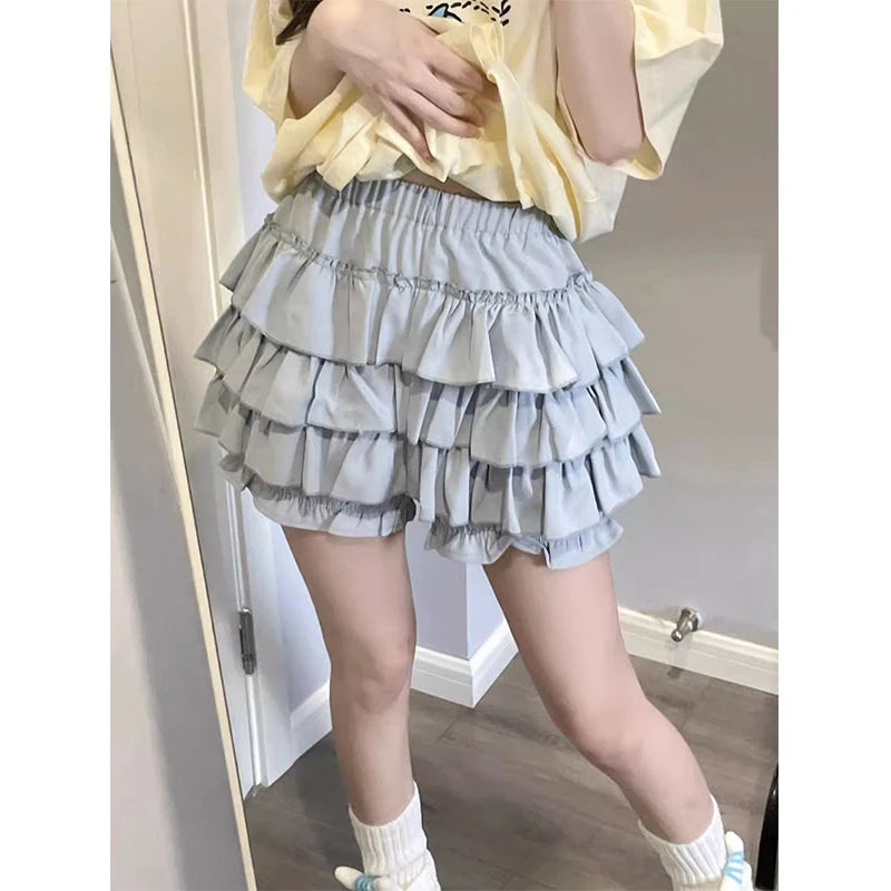 Y2K Sweet Ruffles Mini Skirt Women Kawaii Lolita Bow A Line Skirts Harajuku Japanese High Waist Pink White Ball Gown Skirt