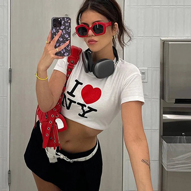 Y2K Summer New Round Neck Short sleeved Letter Printed Open Navel European and American Women’s Top T-shirt