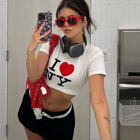 Y2K Summer New Round Neck Short sleeved Letter Printed Open Navel European and American Women’s Top T-shirt