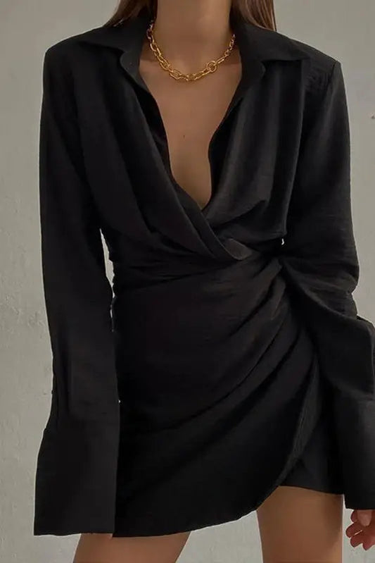 Lapel Pleated Slim Mini Dress