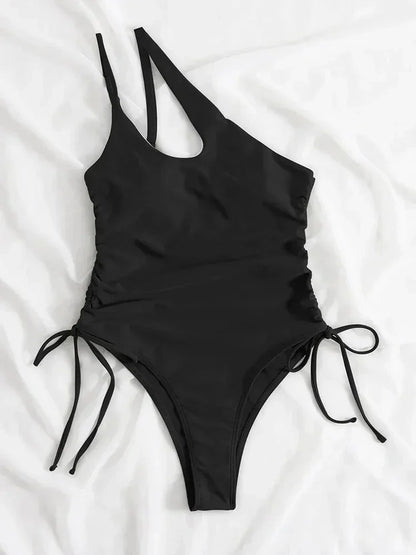Sexy Deep V Neck One Piece Swimsuit Women Solid Yellow White Hollow Out Pleate Swimwear Beach Bandage Bathing Suit Monokini