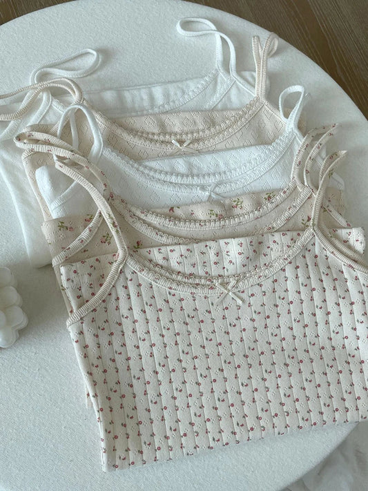Floral Eyelet Bow Cotton Crop Tops Lace Trim Sleeveless Slim Tank Top Preppy Style Sweet Camisole Y2k Clothes