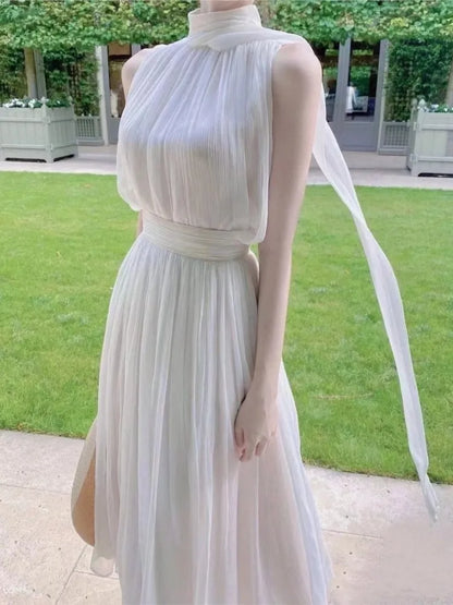 Elegant Halter Midi Dresses for Women Sleeveless Holiday Style Summer New Wedding Evening Party Dress Prom Vestidos Mujer