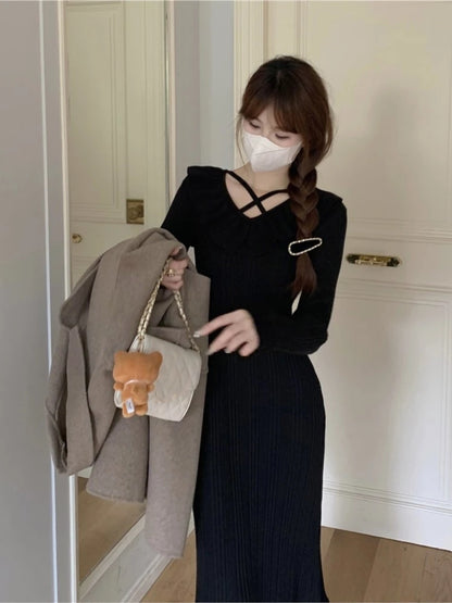 Autumn Knitted Dresses for Women Ruffles V-neck Solid Bodycon Casual Solid Midi Dress Korean Fashion Vestidos Mujer New Knitwear