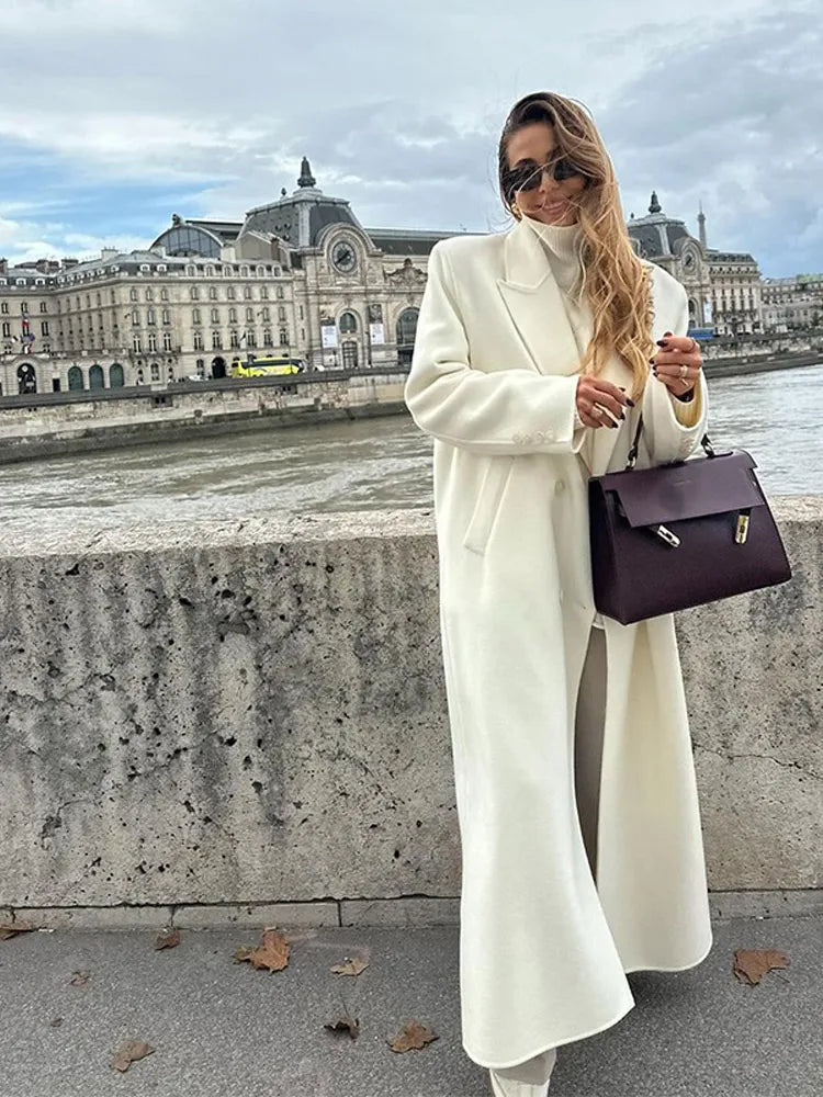 Fashion Oversize Lapel Extra Long Woolen Overcoat Women's Double Breasted Solid Cropped Overgarment Lady Commute Streetwear