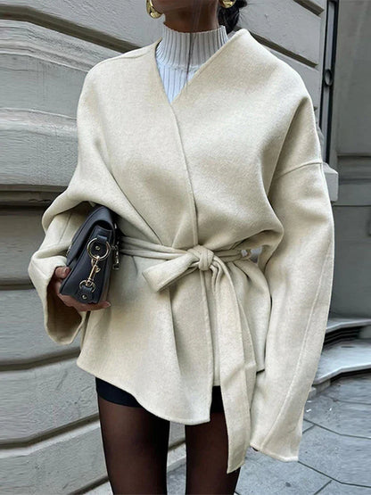 Elegant Lace Up Coat For Women V-neck Long Sleeve Slim Jacket Cardigan 2025 Autumn Winter Lady Streetwear Outwear New In Coats
