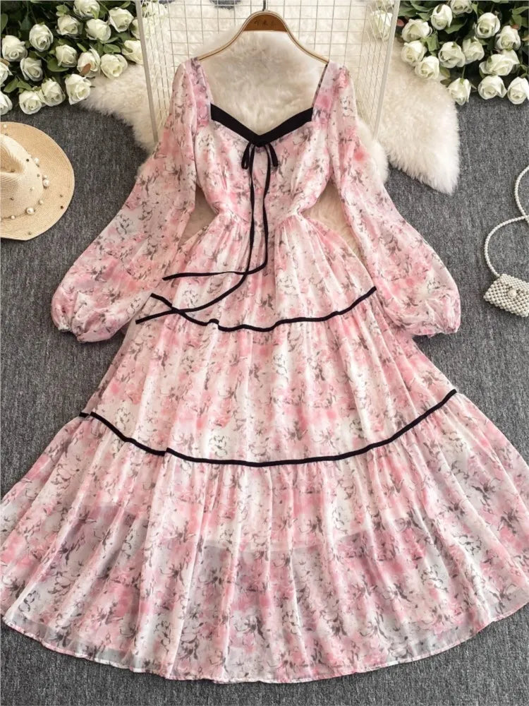 Elegant Floral Printed Midi Dresses for Women Lantern Sleeves Square Collar A-line Birthday Party Dress Autumn New Prom Robe