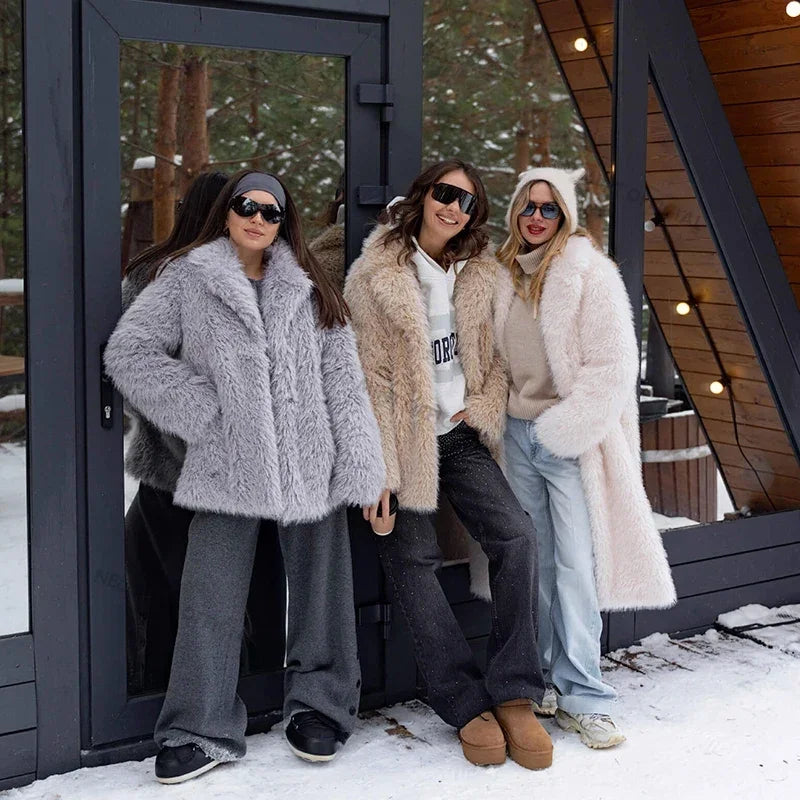 Winter  Exclusive Lapel Collar Long Teddy Jacket Coat Women Chic Brand Fashion Cozy Padded Faux Fur Coats Outerwear