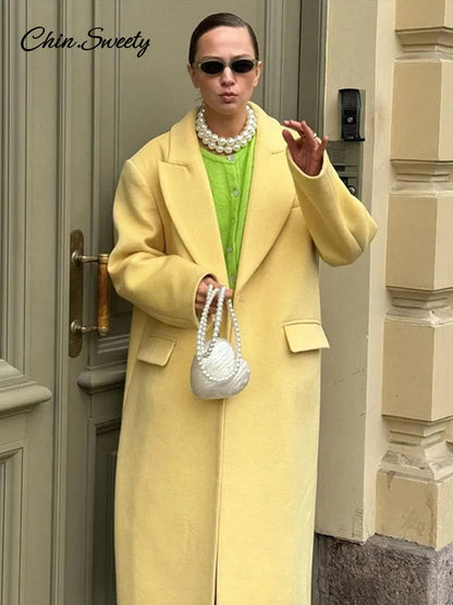 Fashion Woolen Long Coat Women  Autumn Full Sleeve Button Fake Pocket Split Yellow Overcoat Elegant Oversize New in Outwear